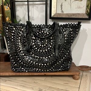 Sondra Roberts Black and White Cutout Tote Genuine Leather
